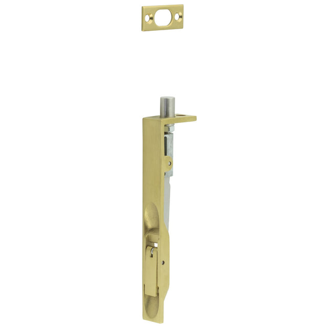 This is an image showing the Frelan - Stainless Steel Flush Bolts JSS50 Satin Brass 150mm x 20mm Square Forend available to order from T.H. Wiggans Ironmongery in Kendal