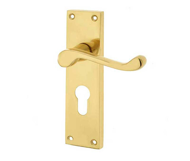 This is an image showing the Frelan - Victorian Scroll Door Handle on Euro Profile Lockplate Polished Brass available to order from T.H. Wiggans Ironmongery in Kendal