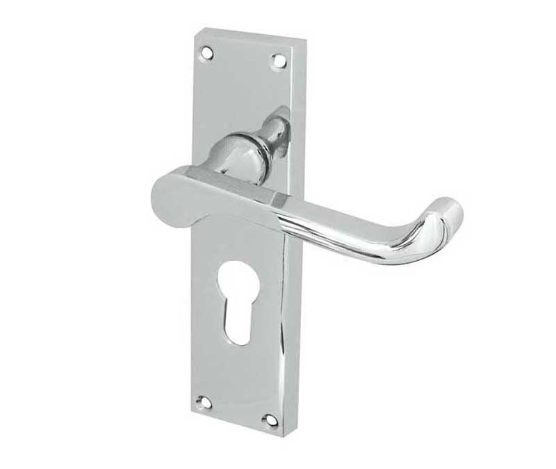 This is an image showing the Frelan - Victorian Scroll Door Handle on Euro Profile Lockplate Polished Chrome available to order from T.H. Wiggans Ironmongery in Kendal