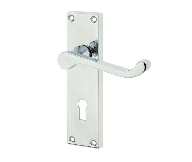 This is an image showing the Frelan - Victorian Scroll Door Handle on Lockplate Polished Chrome available to order from T.H. Wiggans Ironmongery in Kendal