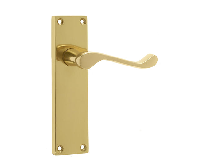 This is an image showing the Frelan - Victorian Scroll Door Handle on Long Latchset Plate Polished Brass available to order from T.H. Wiggans Ironmongery in Kendal