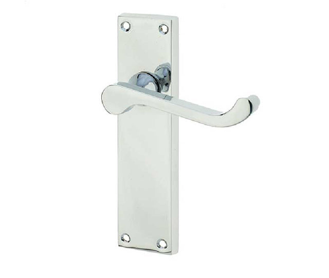 This is an image showing the Frelan - Victorian Scroll Door Handle on Long Latchset Plate Polished Chrome available to order from T.H. Wiggans Ironmongery in Kendal