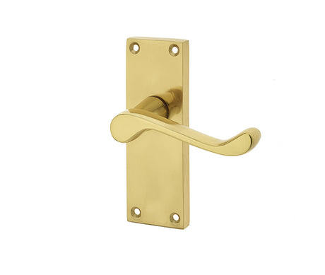 This is an image showing the Frelan - Victorian Scroll Door Handle on Short Latchset Plate Polished Brass available to order from T.H. Wiggans Ironmongery in Kendal