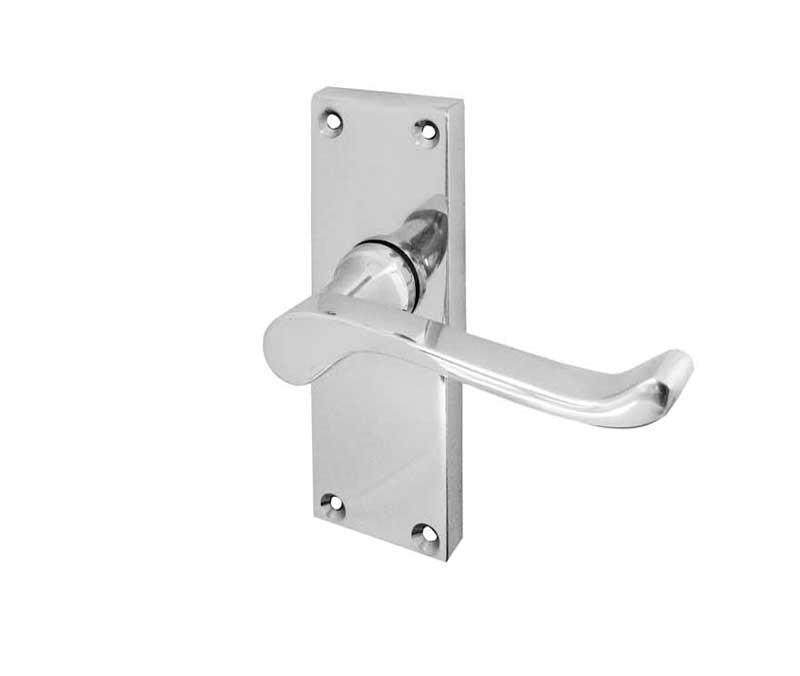 This is an image showing the Frelan - Victorian Scroll Door Handle on Short Latchset Plate Polished Chrome available to order from T.H. Wiggans Ironmongery in Kendal