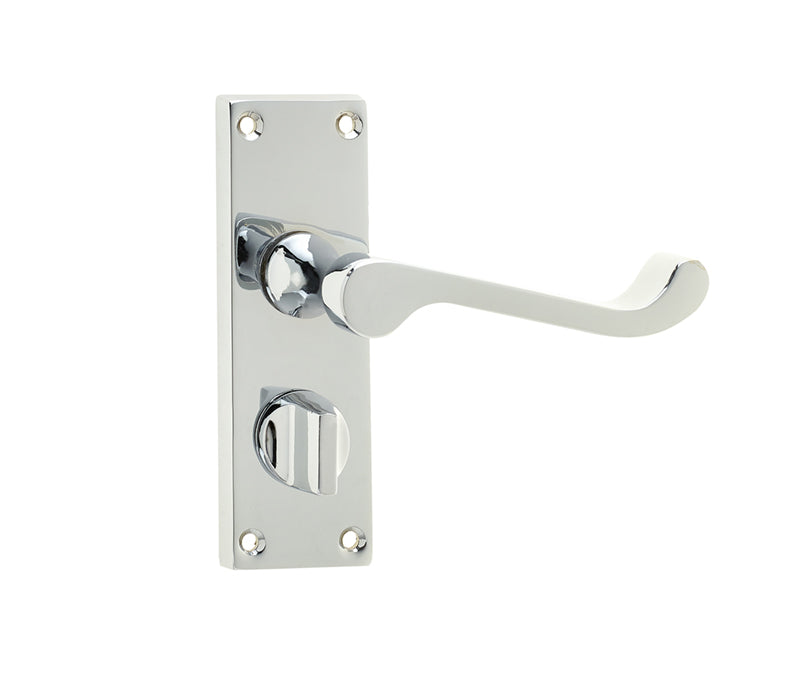 This is an image showing the Frelan - Victorian Scroll Door Handle on Privacy Plate Polished Chrome available to order from T.H. Wiggans Ironmongery in Kendal