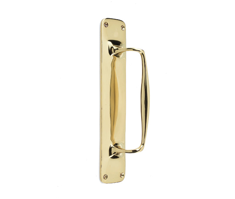 This is an image showing the Frelan - Windsor Pull Handle on 57x292mm Backplate - Polished Brass available to order from T.H. Wiggans Ironmongery in Kendal