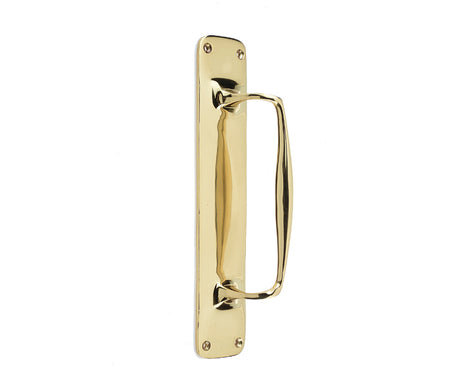 This is an image showing the Frelan - Windsor Pull Handle on 57x292mm Backplate - Polished Brass available to order from T.H. Wiggans Ironmongery in Kendal