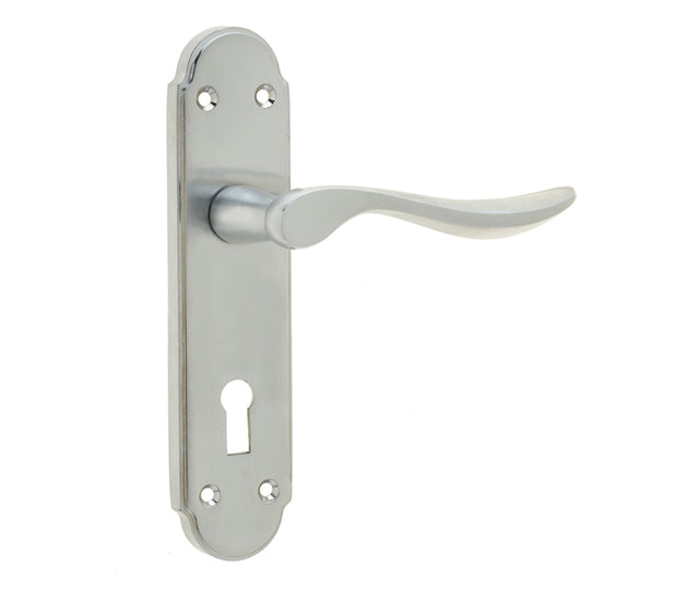 This is an image showing the Frelan - Henley Standard Lever Lock Handles on Backplate - Satin Chrome available to order from T.H. Wiggans Ironmongery in Kendal