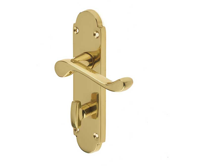 This is an image showing the Frelan - Epsom Bathroom Lock Handles on Backplates - Polished Brass available to order from T.H. Wiggans Ironmongery in Kendal