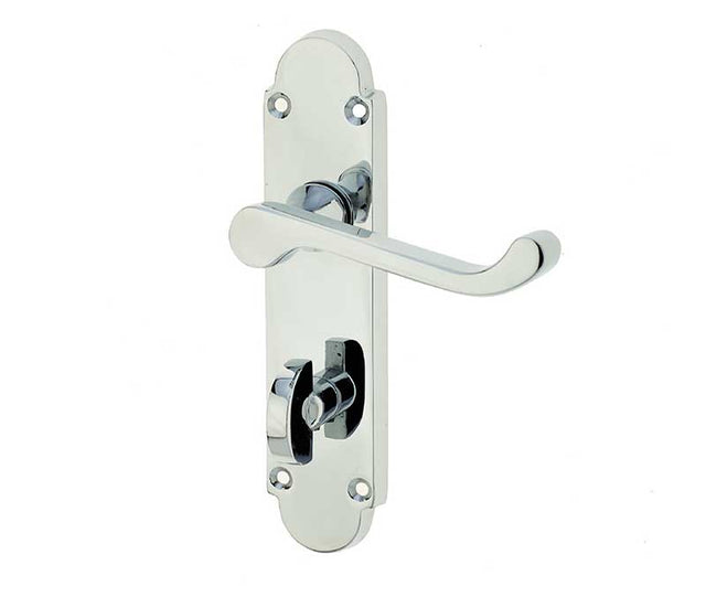 This is an image showing the Frelan - Epsom Bathroom Lock Handles on Backplates - Polished Chrome available to order from T.H. Wiggans Ironmongery in Kendal