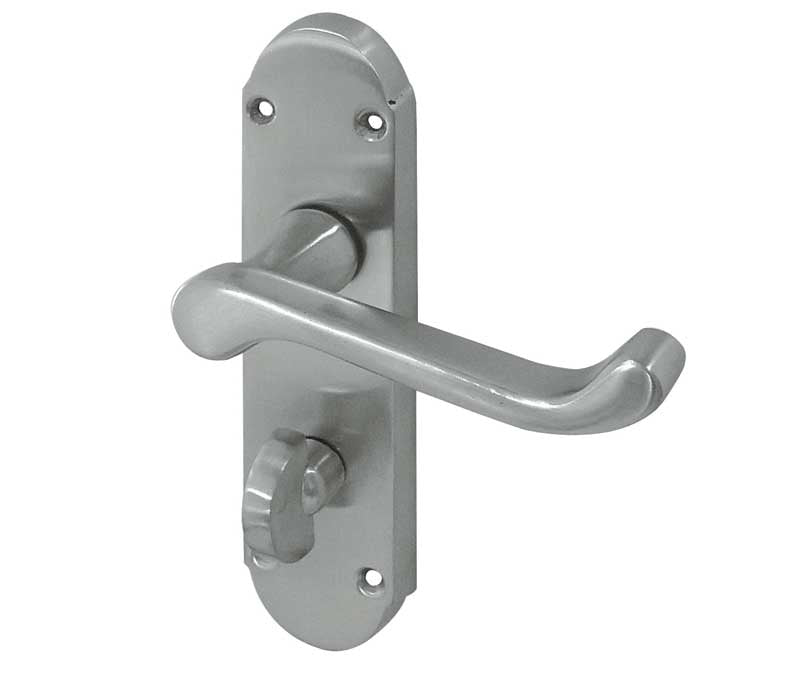 This is an image showing the Frelan - Epsom Bathroom Lock Handles on Backplates - Satin Chrome available to order from T.H. Wiggans Ironmongery in Kendal