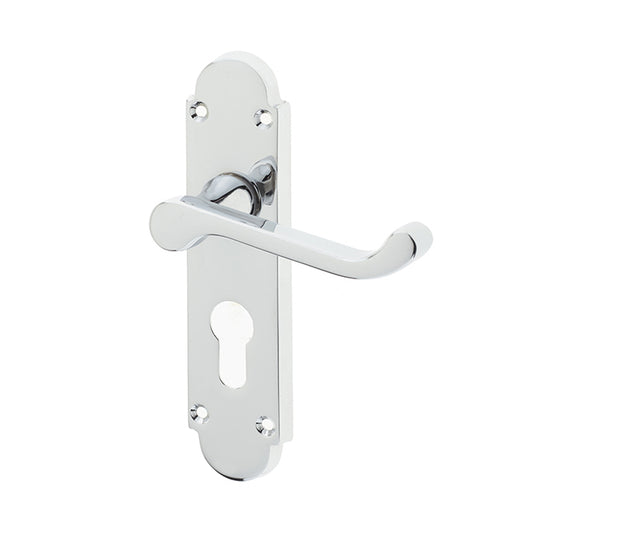 This is an image showing the Frelan - Epsom Euro Lock Profile Handles on Backplates - Polished Chrome available to order from T.H. Wiggans Ironmongery in Kendal