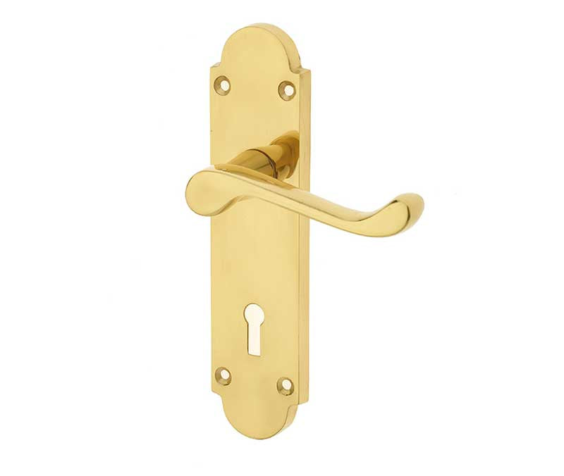 This is an image showing the Frelan - Epsom Standard Lock Handles on Backplates - Polished Brass available to order from T.H. Wiggans Ironmongery in Kendal