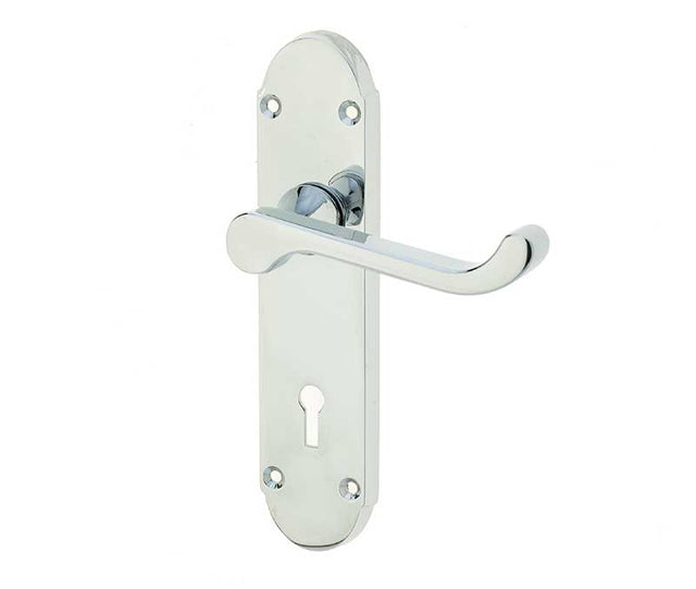 This is an image showing the Frelan - Epsom Standard Lock Handles on Backplates - Polished Chrome available to order from T.H. Wiggans Ironmongery in Kendal