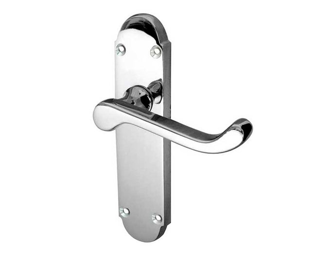 This is an image showing the Frelan - Epsom Lever Latch Handles on Backplates - Polished Chrome available to order from T.H. Wiggans Ironmongery in Kendal