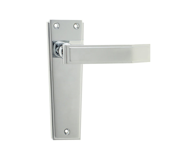 This is an image showing the Frelan - Deco Lever Latch Handles on Backplates - Polished Chrome available to order from T.H. Wiggans Ironmongery in Kendal