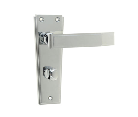 This is an image showing the Frelan - Deco Bathroom Lock Handles on Backplates - Polished Chrome available to order from T.H. Wiggans Ironmongery in Kendal