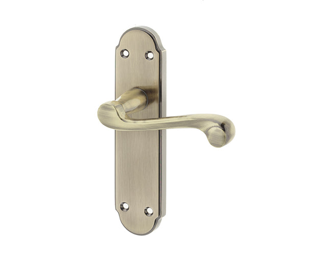 This is an image showing the Frelan - Marlow Lever Latch Handles on Backplate - Antique Brass available to order from T.H. Wiggans Ironmongery in Kendal