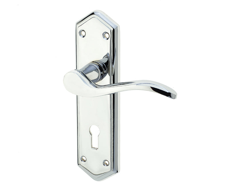 This is an image showing the Frelan - Paris Standard Lever Lock Handles on Backplates - Polished Chrome available to order from T.H. Wiggans Ironmongery in Kendal