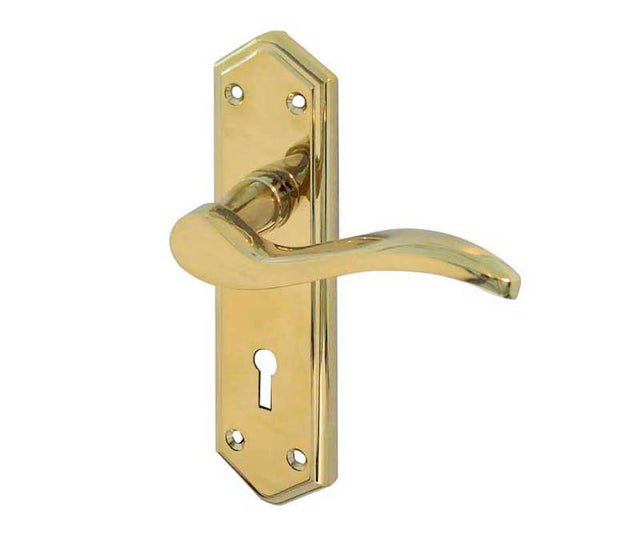 This is an image showing the Frelan - Paris Standard Lever Lock Handles on Backplates - PVD Brass available to order from T.H. Wiggans Ironmongery in Kendal