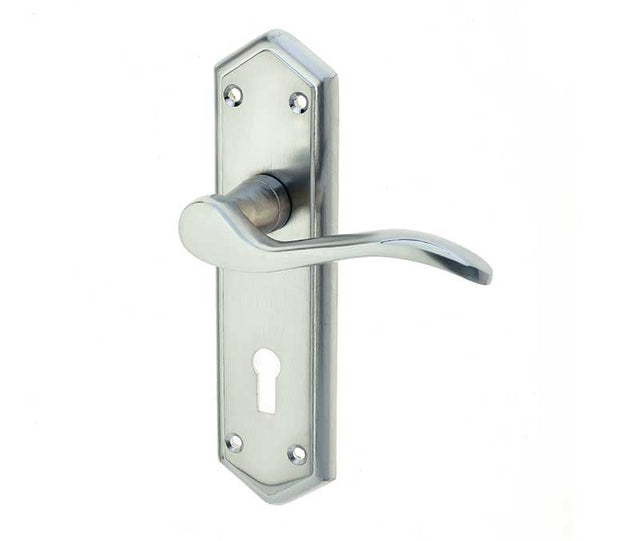 This is an image showing the Frelan - Paris Standard Lever Lock Handles on Backplates - Satin Chrome available to order from T.H. Wiggans Ironmongery in Kendal