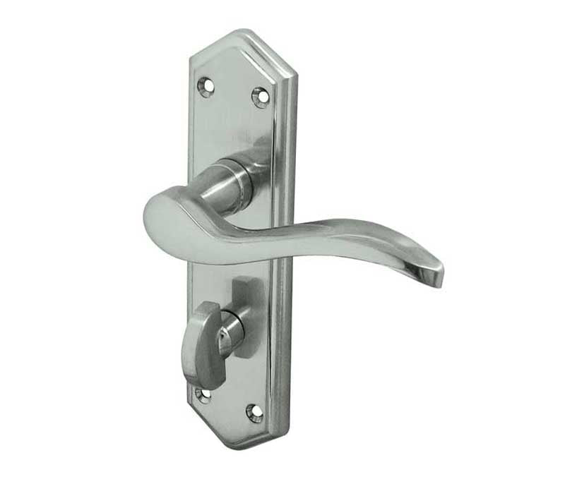 This is an image showing the Frelan - Paris Bathroom Lock Handles on Backplates - Satin Chrome available to order from T.H. Wiggans Ironmongery in Kendal