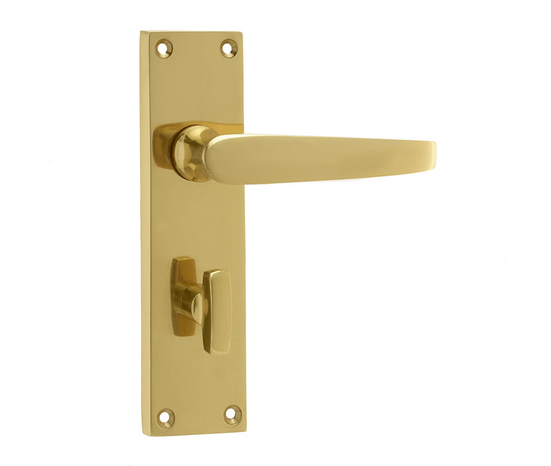 This is an image showing the Frelan - Victorian Straight Door Handle on Bathroom Plate Polished Brass available to order from T.H. Wiggans Ironmongery in Kendal