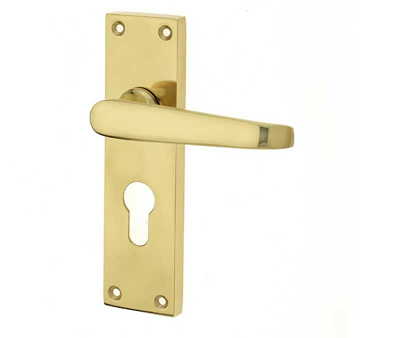 This is an image showing the Frelan - Victorian Straight Door Handles on Euro Profile Lockplate Polished Bras available to order from T.H. Wiggans Ironmongery in Kendal