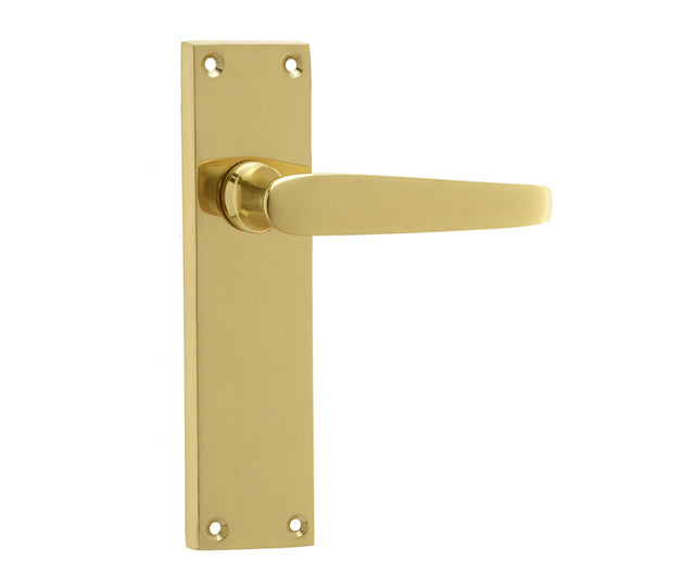 This is an image showing the Frelan - Victorian Straight Door Handles on Long Latchset Plate Polished Brass available to order from T.H. Wiggans Ironmongery in Kendal