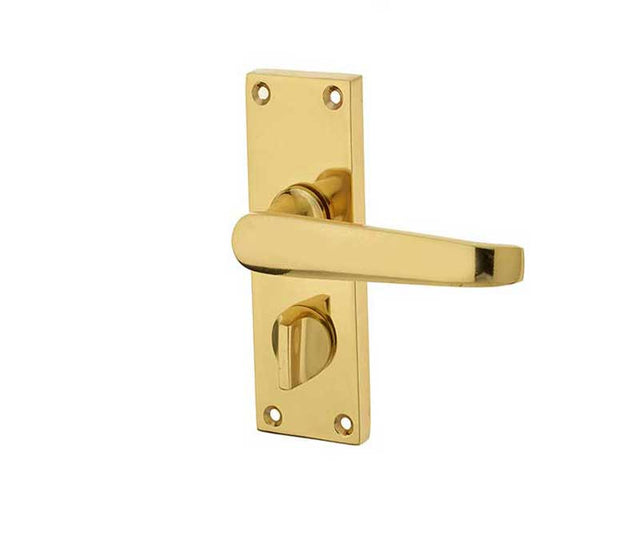 This is an image showing the Frelan - Victorian Straight Door Handle on Privacy Plate Polished Brass available to order from T.H. Wiggans Ironmongery in Kendal