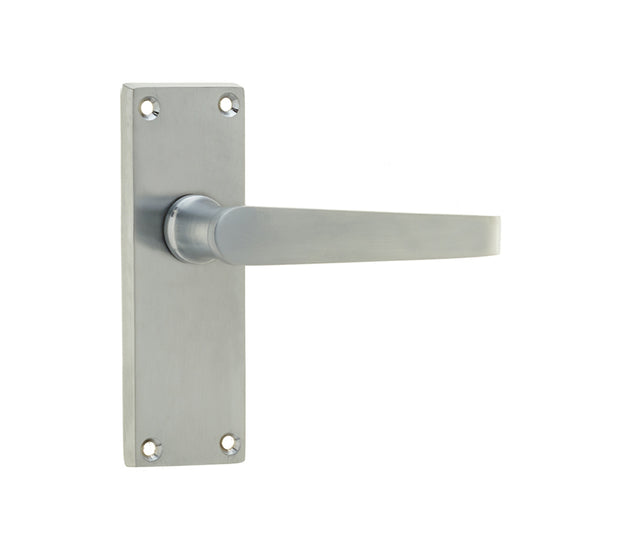 This is an image showing the Frelan - Victorian Straight Door Handle on Short Latchset Plate Satin Chrome available to order from T.H. Wiggans Ironmongery in Kendal