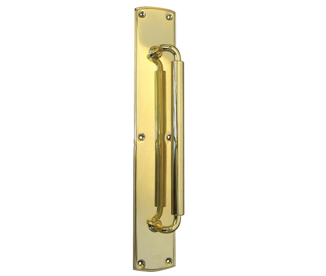 This is an image showing the Frelan - Chatsworth Pull Handle on 75x460mm Back Plate - Polished Brass available to order from T.H. Wiggans Ironmongery in Kendal