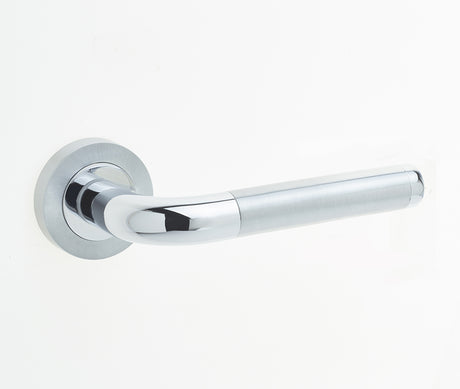 This is an image showing the Frelan - Twin Levers on Round Rose - Polished Chrome/Satin Chrome available to order from T.H. Wiggans Ironmongery in Kendal