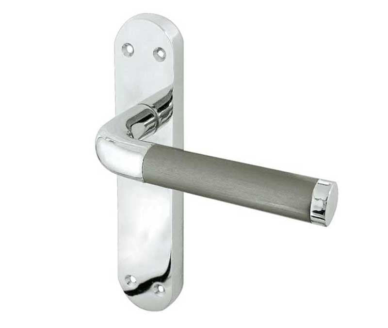 This is an image showing the Frelan - Twin Lever Latch Handles on Backplates - Polished Chrome/Satin Chrome available to order from T.H. Wiggans Ironmongery in Kendal