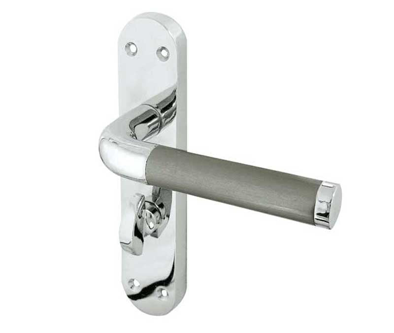 This is an image showing the Frelan - Twin Bathroom Lock Handles on Backplates - Polished Chrome/Satin Chrome available to order from T.H. Wiggans Ironmongery in Kendal