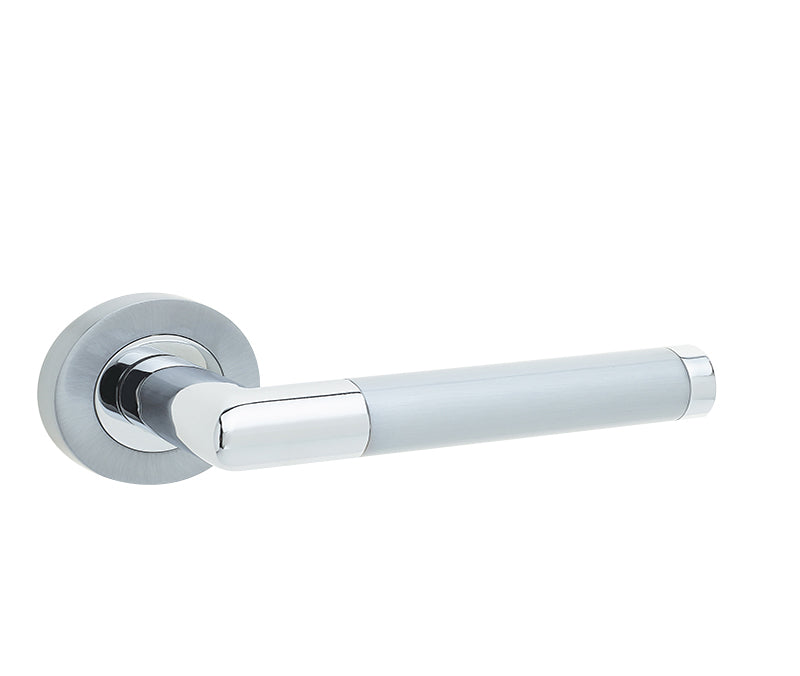 This is an image showing the Frelan - Mitred Levers on Round Rose - Polished Chrome/Satin Chrome available to order from T.H. Wiggans Ironmongery in Kendal