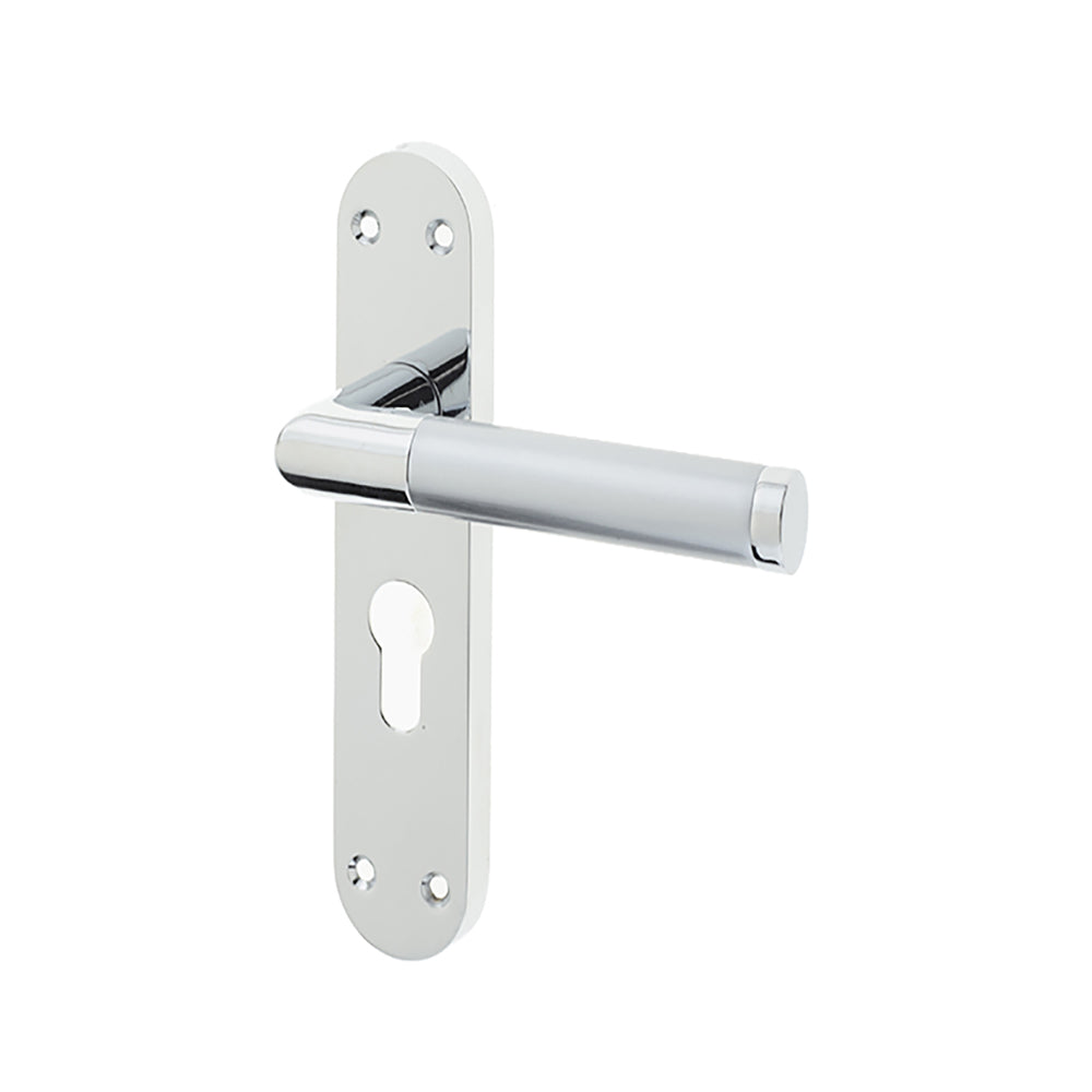 This is an image showing the Frelan - Mitred Euro Profile Lever Lock Handles on Back plate available to order from T.H. Wiggans Ironmongery in Kendal