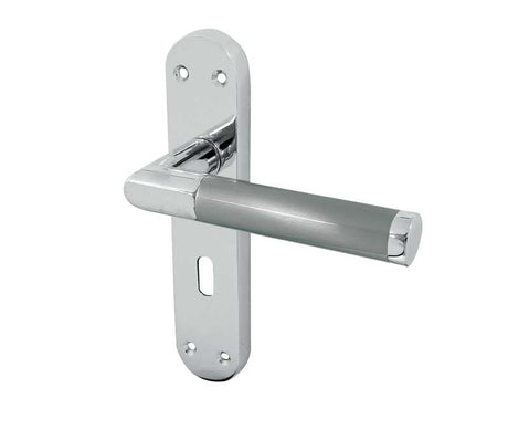 This is an image showing the Frelan - Mitred Standard Profile Lever Lock Handles on Back plate available to order from T.H. Wiggans Ironmongery in Kendal