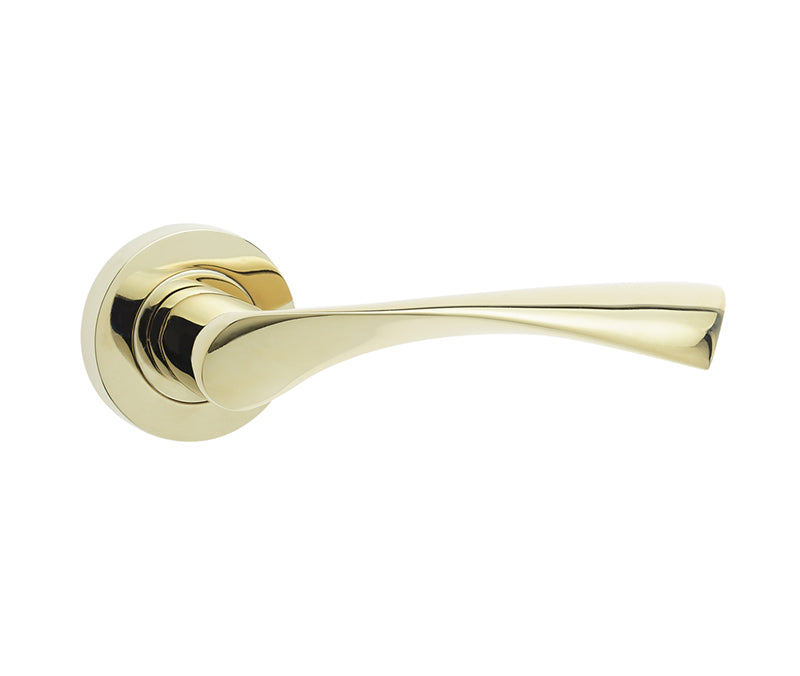 This is an image showing the Frelan - Twirl Levers on Round Rose - PVD Brass available to order from T.H. Wiggans Ironmongery in Kendal