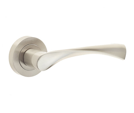 This is an image showing the Frelan - Twirl Levers on Round Rose - Satin Nickel available to order from T.H. Wiggans Ironmongery in Kendal