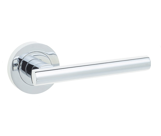 This is an image showing the Frelan - Petra Lever Handles on Round Rose - Polished Chrome available to order from T.H. Wiggans Ironmongery in Kendal