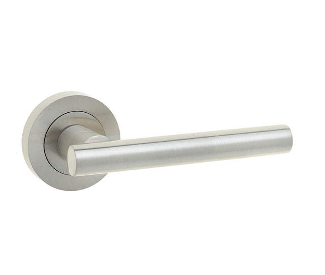 This is an image showing the Frelan - Petra Lever Handles on Round Rose - Satin Nickel available to order from T.H. Wiggans Ironmongery in Kendal