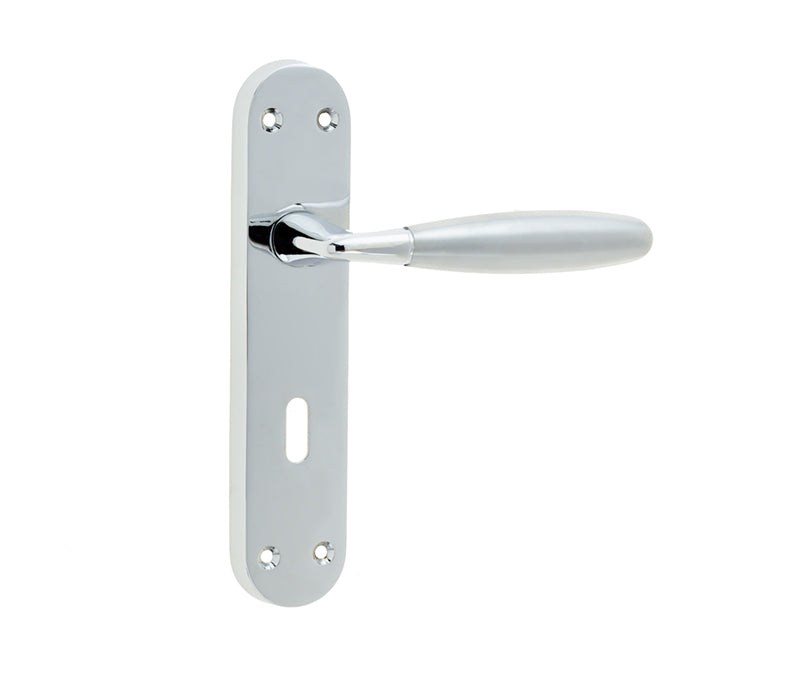 This is an image showing the Frelan - Stylo Standard Lock Handles on Backplate - Polished Chrome/Satin Chrome available to order from T.H. Wiggans Ironmongery in Kendal