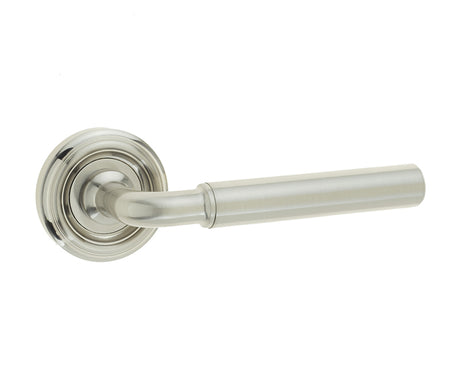 This is an image showing the Frelan - Elise Levers on Round Rose - Satin Nickel available to order from T.H. Wiggans Ironmongery in Kendal