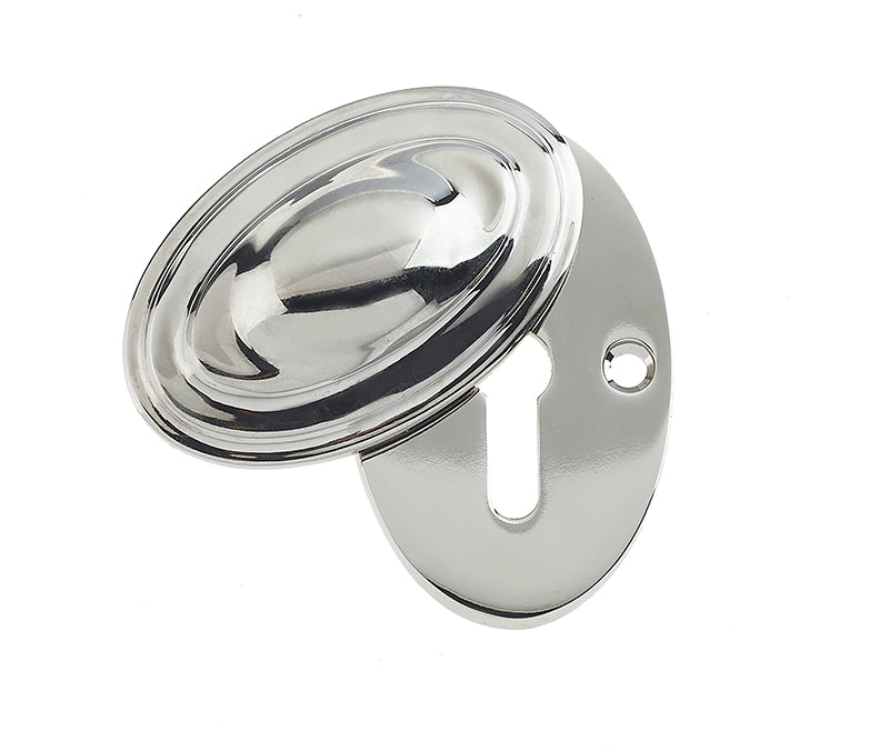 This is an image showing the Frelan - Oval Covered Escutcheon Standard Keyway - Polished Nickel available to order from T.H. Wiggans Ironmongery in Kendal