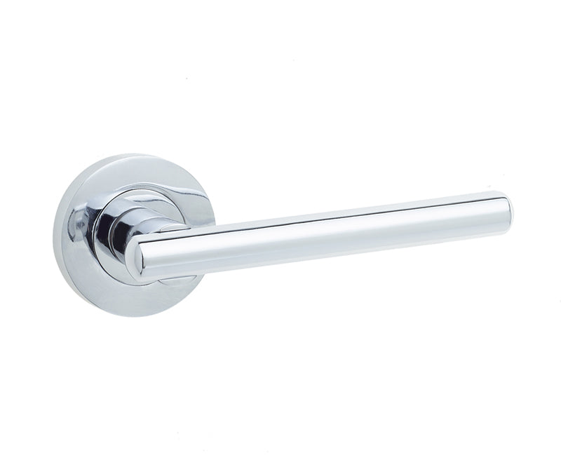 This is an image showing the Frelan - Rosetta Levers on Round Rose - Polished Chrome available to order from T.H. Wiggans Ironmongery in Kendal