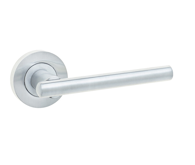 This is an image showing the Frelan - Rosetta Levers on Round Rose - Satin Chrome available to order from T.H. Wiggans Ironmongery in Kendal