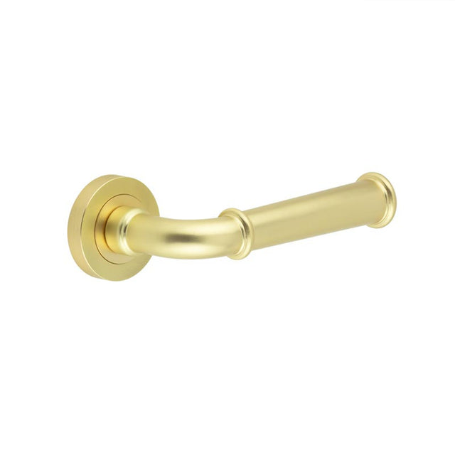 This is an image showing the Frelan - Classic Satin Brass Lever on rose available to order from T.H. Wiggans Ironmongery in Kendal