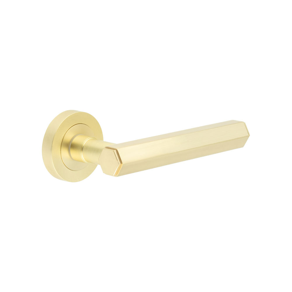 This is an image showing the Frelan - Jedo Hex Satin Brass Door Handle available to order from T.H. Wiggans Ironmongery in Kendal