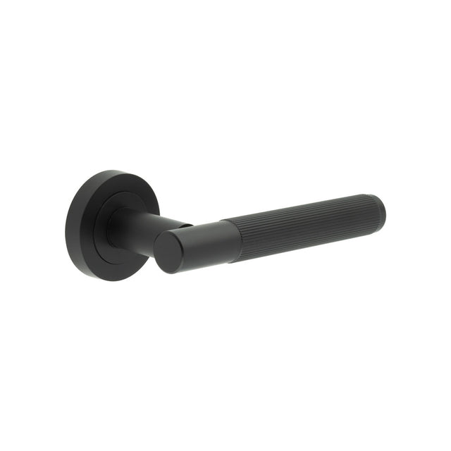 This is an image showing the Frelan - Venice Matt Black Lever on rose available to order from T.H. Wiggans Ironmongery in Kendal